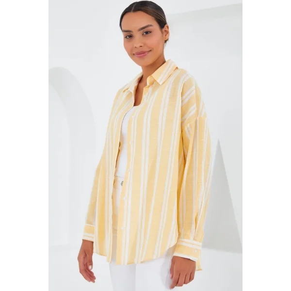 Sarı Beyaz Çizgili Oversize Keten Gömlek 20251