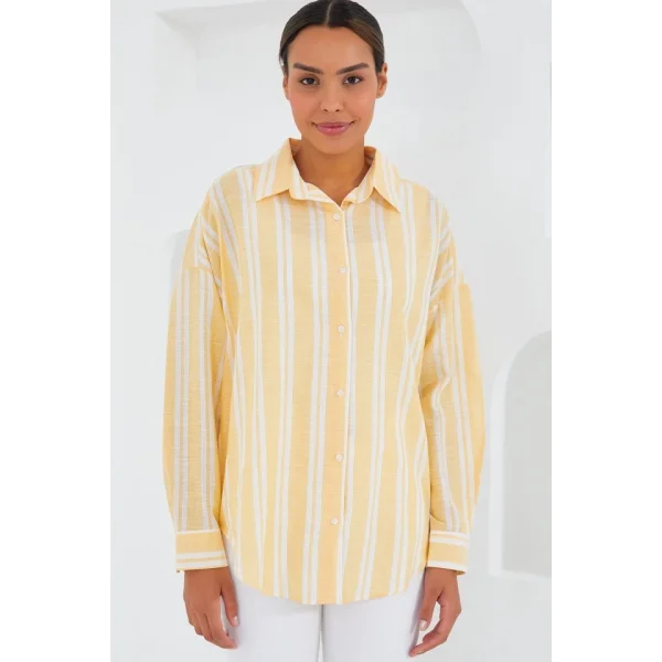 Sarı Beyaz Çizgili Oversize Keten Gömlek 20251