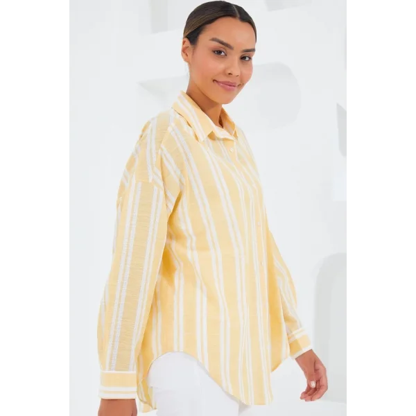 Sarı Beyaz Çizgili Oversize Keten Gömlek 20251