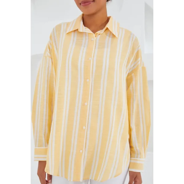 Sarı Beyaz Çizgili Oversize Keten Gömlek 20251