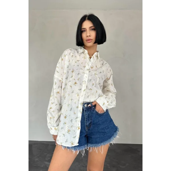 Sarı Brode Çiçek Nakışlı Klasik Gömlek