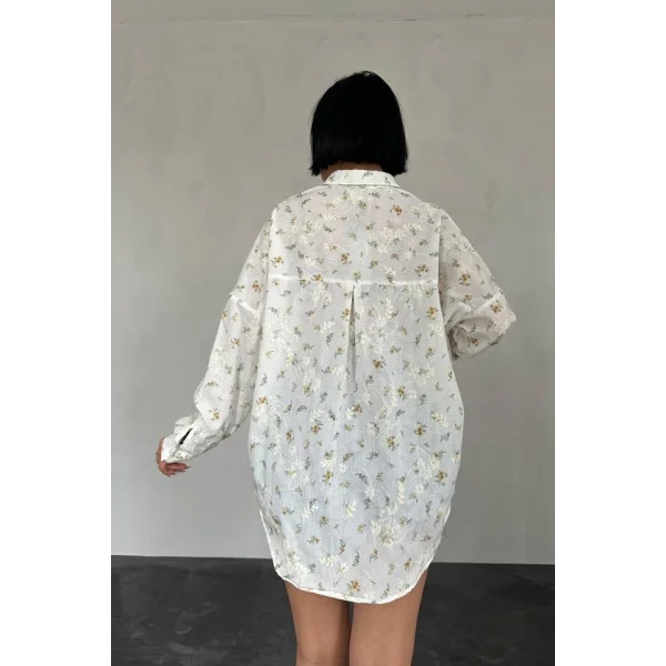 Sarı Brode Çiçek Nakışlı Klasik Gömlek