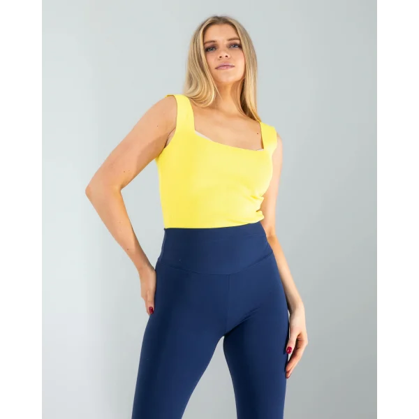 Sarı Kare Yaka Kalın Askı Triko Crop Bluz