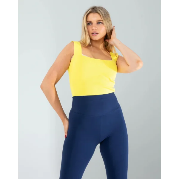 Sarı Kare Yaka Kalın Askı Triko Crop Bluz