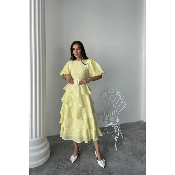 Sarı Kat Kat Balon Kollu Kemerli Elbise