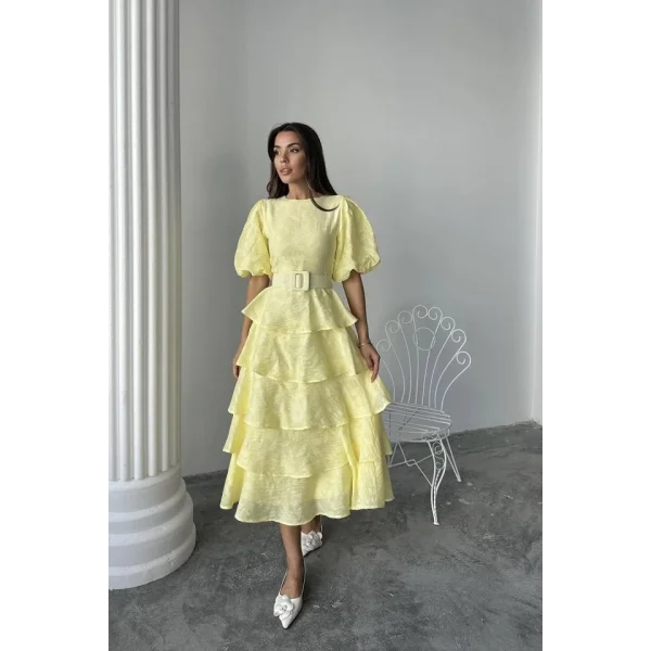 Sarı Kat Kat Balon Kollu Kemerli Elbise