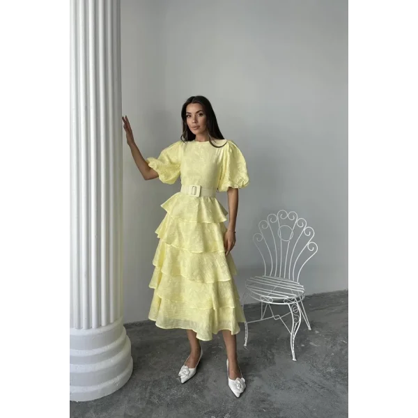 Sarı Kat Kat Balon Kollu Kemerli Elbise