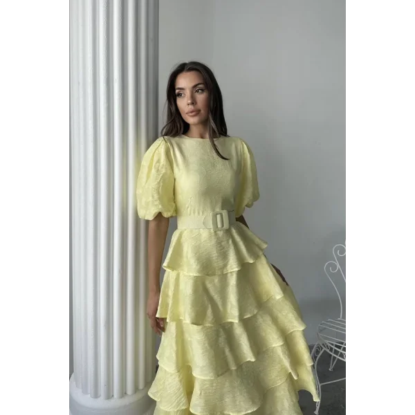 Sarı Kat Kat Balon Kollu Kemerli Elbise