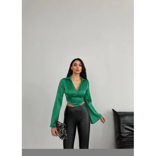 SATEN CROP BLUZ - Yeşil