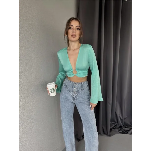 SATEN CROP TOKA DETAYLI BLUZ - Mint