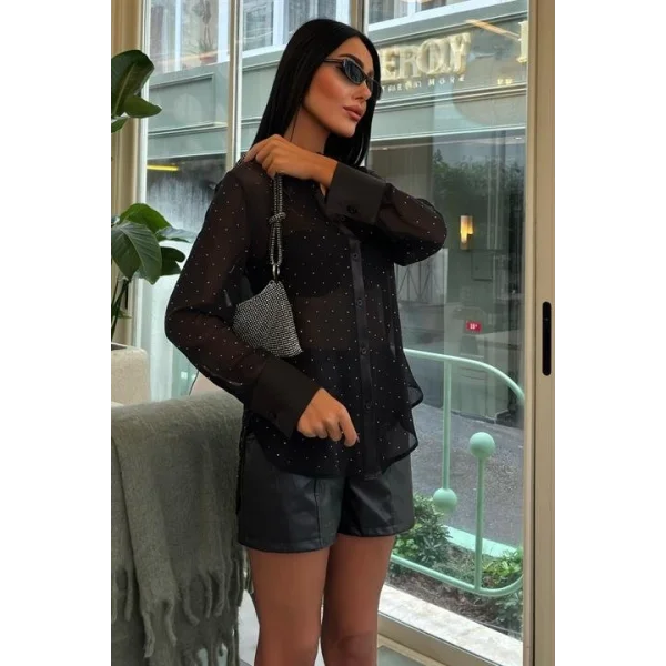Saten Garnili Komple Taşlı Transparan Şifon Salaş Gömlek 3456