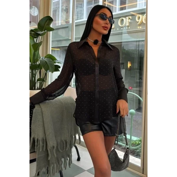 Saten Garnili Komple Taşlı Transparan Şifon Salaş Gömlek 3456