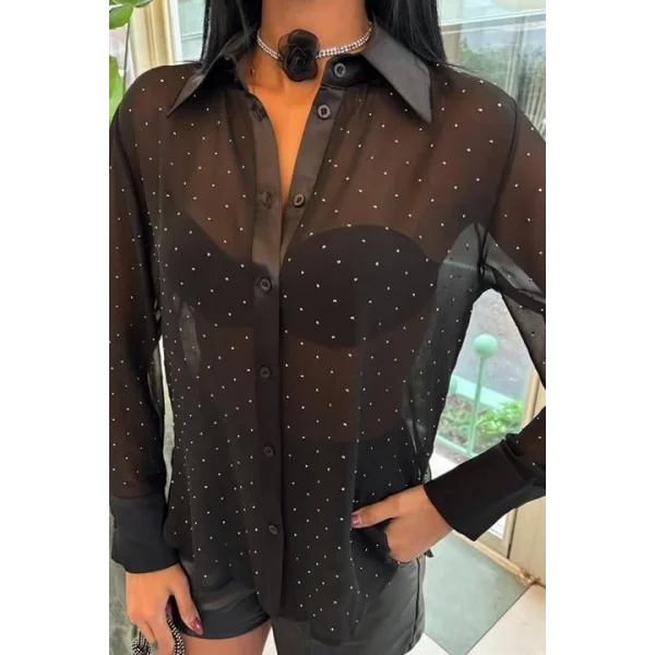 Saten Garnili Komple Taşlı Transparan Şifon Salaş Gömlek 3456