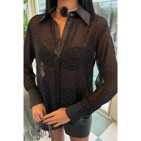 Saten Garnili Komple Taşlı Transparan Şifon Salaş Gömlek 3456