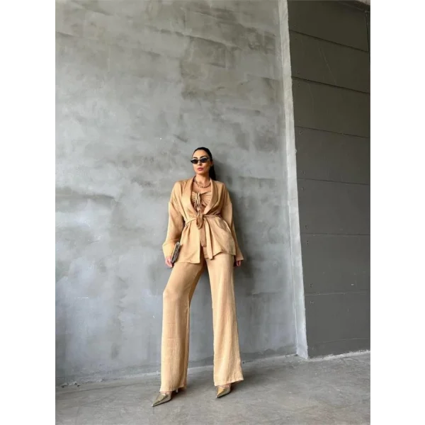 SATEN KİMONO - CROP BLUZ - PANTOLON TAKIM - Bej