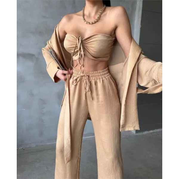 SATEN KİMONO - CROP BLUZ - PANTOLON TAKIM - Bej