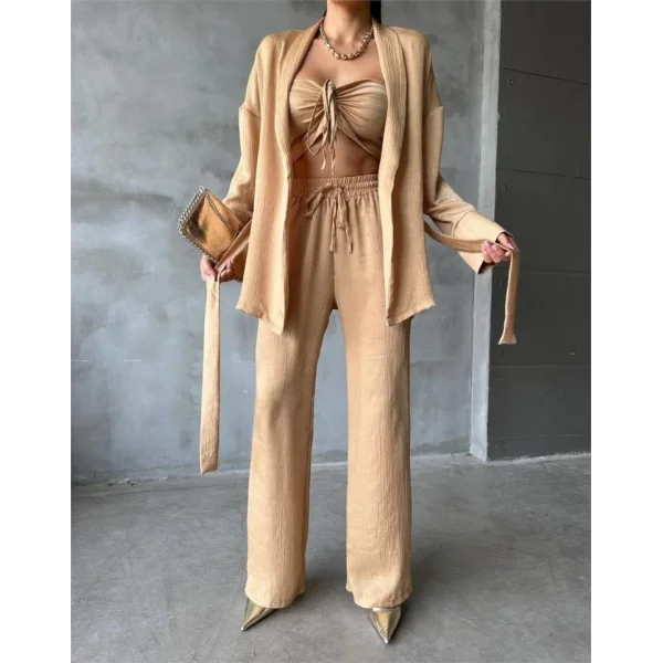 SATEN KİMONO - CROP BLUZ - PANTOLON TAKIM - Bej