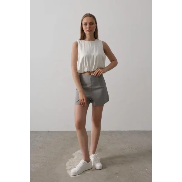 Saten Kolsuz Belki Lastikli Bluz - Ekru