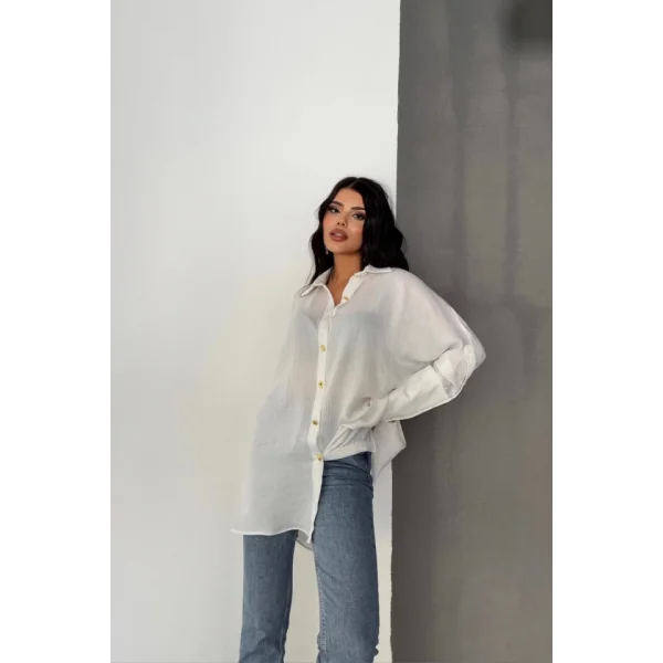 SATEN KRINKILL GÖMLEK MANŞET METAL DÜĞME SIRALI - Ekru