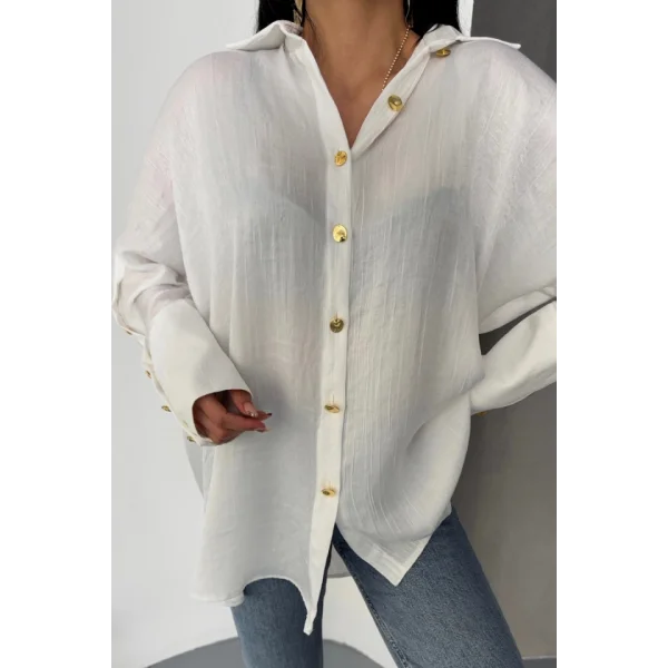 SATEN KRINKILL GÖMLEK MANŞET METAL DÜĞME SIRALI - Ekru