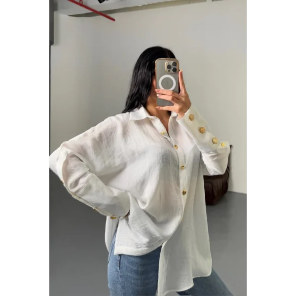 SATEN KRINKILL GÖMLEK MANŞET METAL DÜĞME SIRALI - Ekru