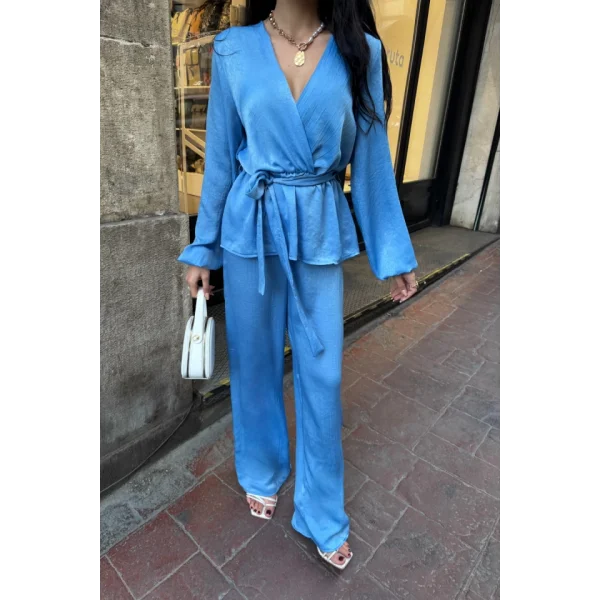 SATEN KRUVAZE BAĞLAMALI BLUZ- PANTOLON TAKIM - Mavi