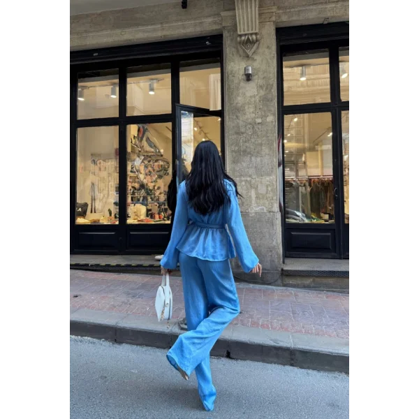 SATEN KRUVAZE BAĞLAMALI BLUZ- PANTOLON TAKIM - Mavi