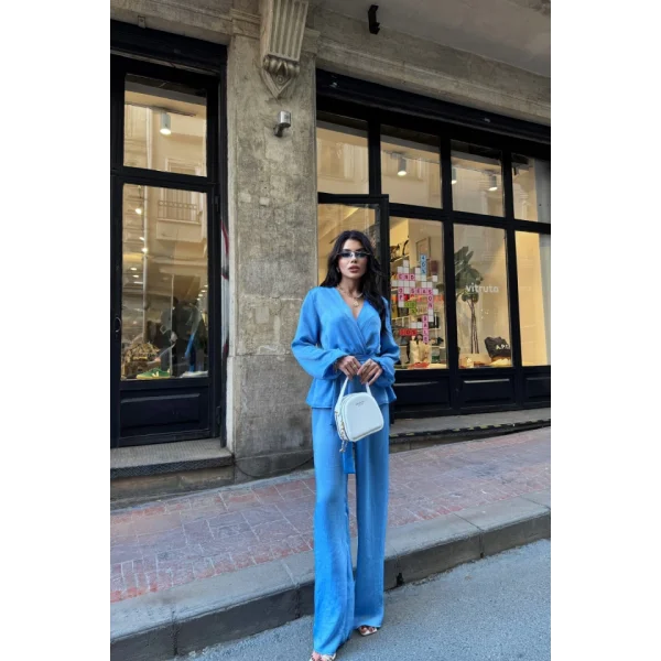 SATEN KRUVAZE BAĞLAMALI BLUZ- PANTOLON TAKIM - Mavi