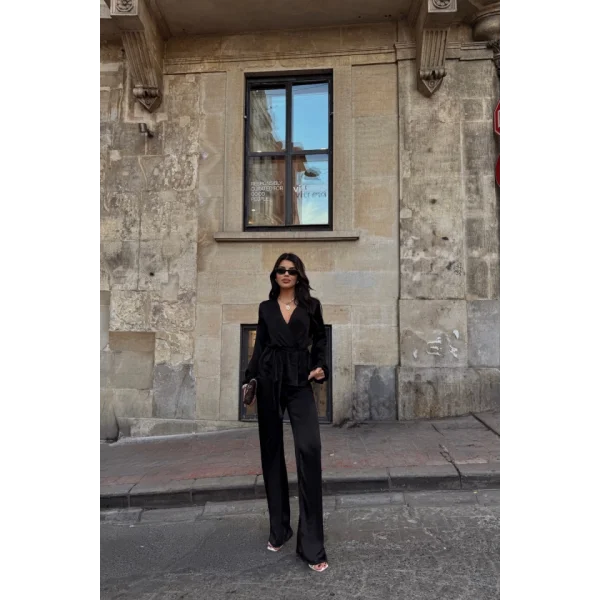 SATEN KRUVAZE BAĞLAMALI BLUZ- PANTOLON TAKIM - Siyah
