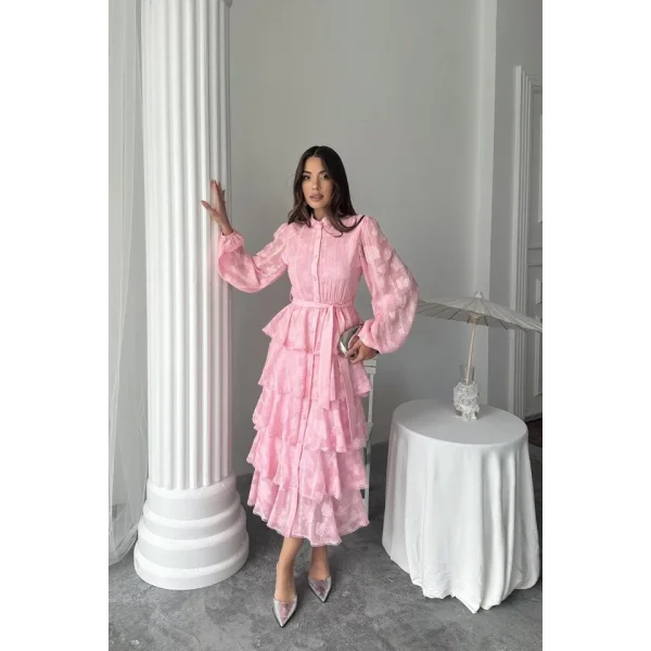 Şeker Pembesi Uzun Volanlı Elbise