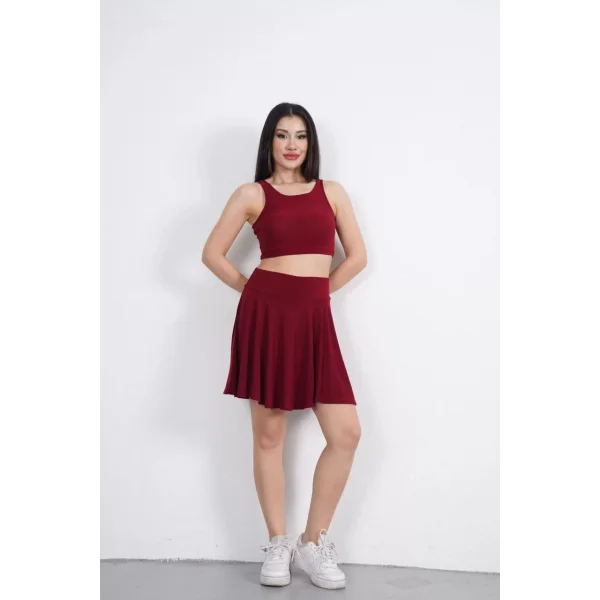 Sendy Kumaş Bisiklet Yaka Crop Şortlu Etek ikili Takım - Bordo