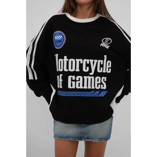 Şerit Detay Baskılı Oversize Sweatshirt