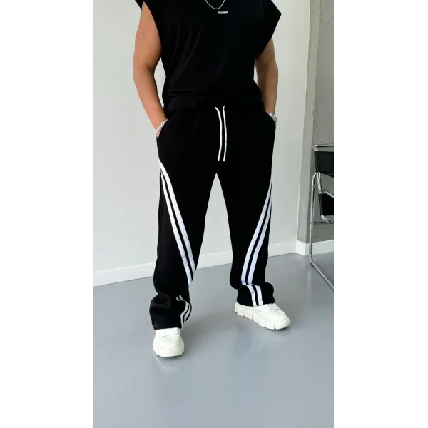 Şeritli Baggy Üç İplik Eşofman Pantolon - Siyah