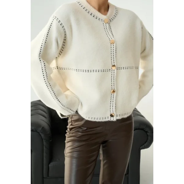 Şeritli Triko HIRKA - Krem-Siyah