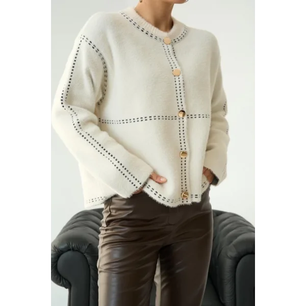 Şeritli Triko HIRKA - Krem-Siyah