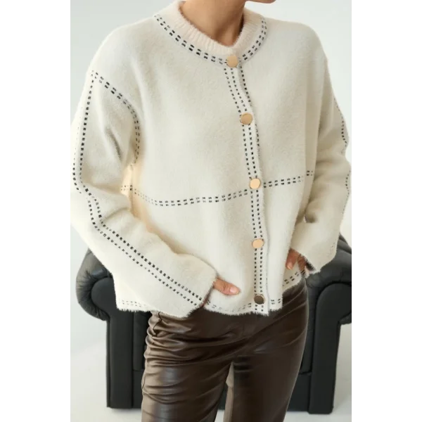 Şeritli Triko HIRKA - Krem-Siyah