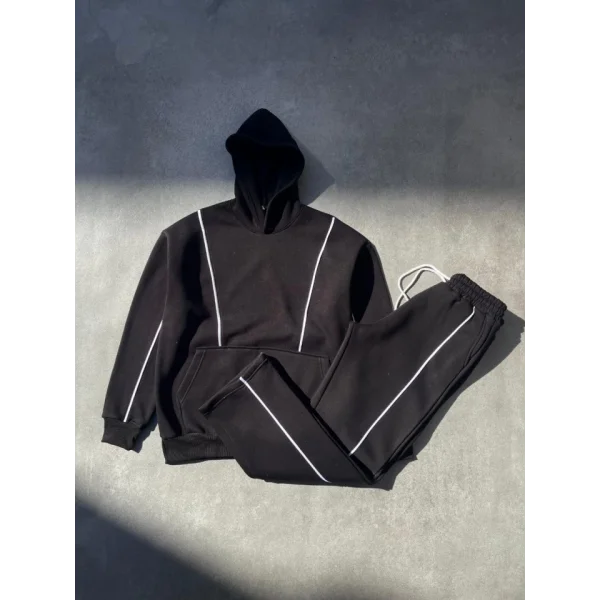 Şeritli Üç İplik Kapşonlu Eşofman Takım  iyah