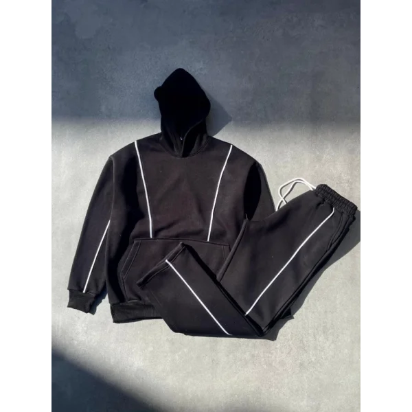 Şeritli Üç İplik Kapşonlu Eşofman Takım  iyah