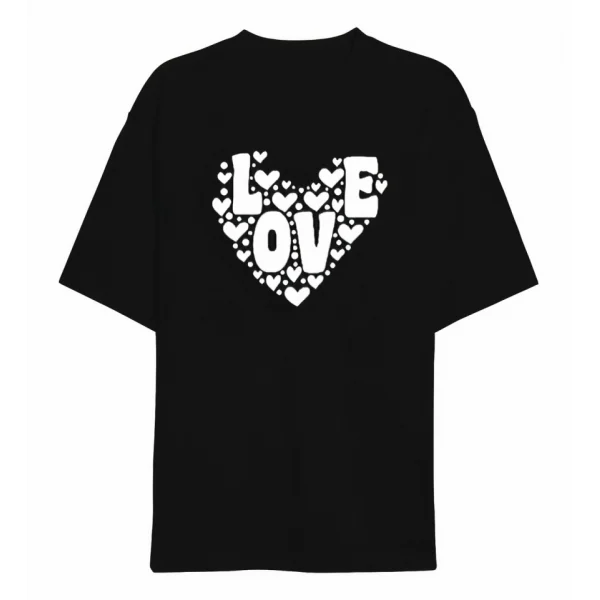 Sevgililer Günü İçin Özel Tasarım Love Kalp Baskılı T-shirt - Siyah