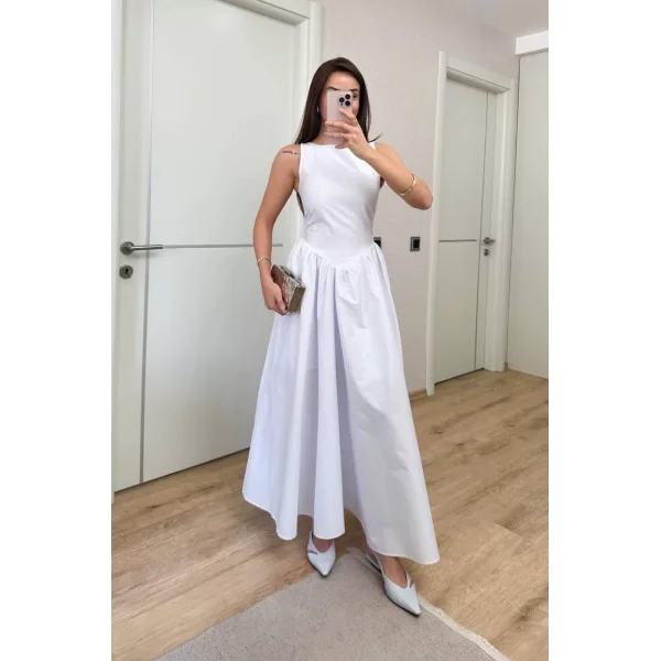 Sifir Kol Beli Oturtmalı Kolsuz Uzun Elbise - Beyaz