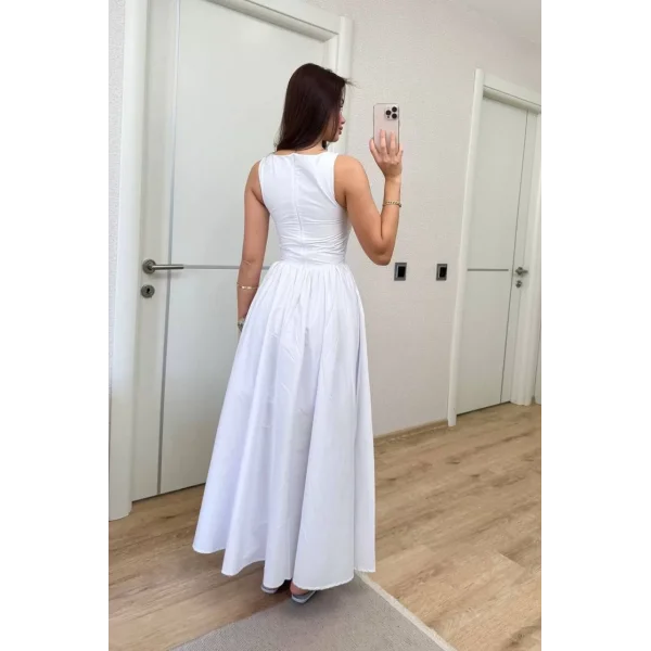 Sifir Kol Beli Oturtmalı Kolsuz Uzun Elbise - Beyaz