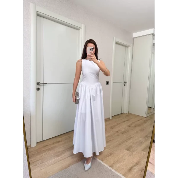 Sifir Kol Beli Oturtmalı Kolsuz Uzun Elbise - Beyaz