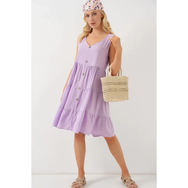 Sıfır Kol Düğmeli Kısa Elbise 2571 - Lila