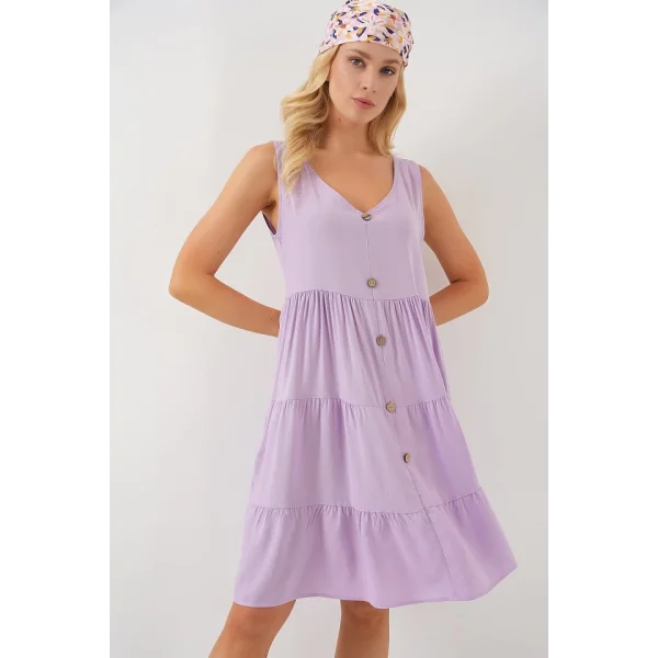 Sıfır Kol Düğmeli Kısa Elbise 2571 - Lila