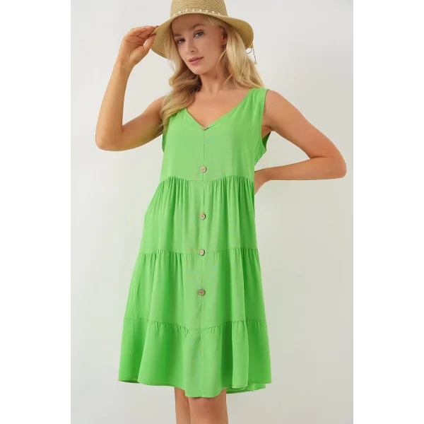 Sıfır Kol Düğmeli Kısa Elbise 2571 - Yeşil
