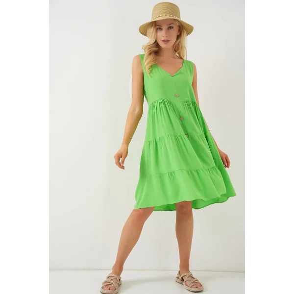 Sıfır Kol Düğmeli Kısa Elbise 2571 - Yeşil