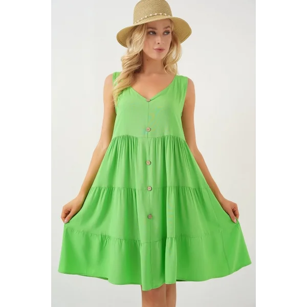 Sıfır Kol Düğmeli Kısa Elbise 2571 - Yeşil