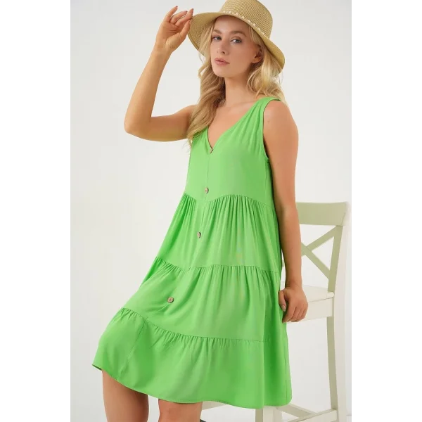 Sıfır Kol Düğmeli Kısa Elbise 2571 - Yeşil