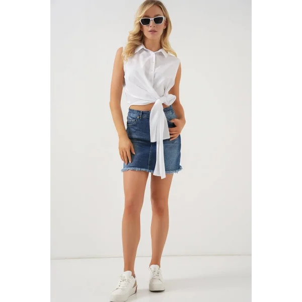 Sıfır Kol Önü Bağlamalı Gömlek 20340 - Beyaz