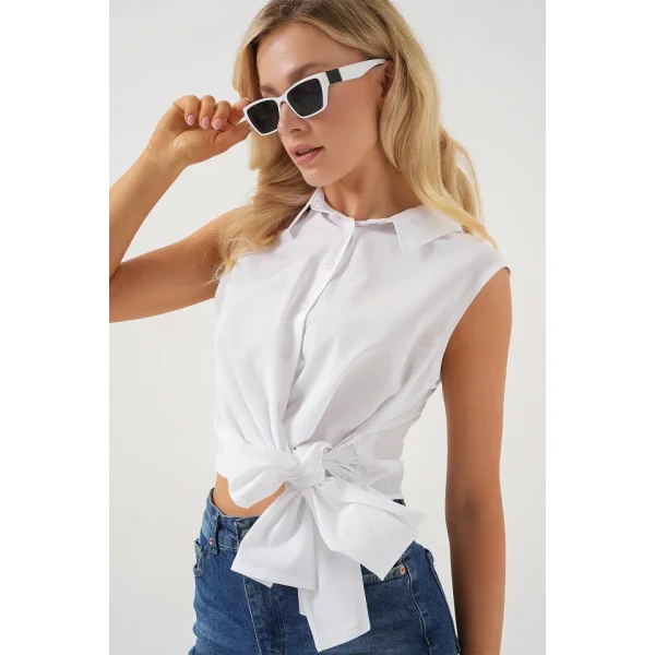 Sıfır Kol Önü Bağlamalı Gömlek 20340 - Beyaz